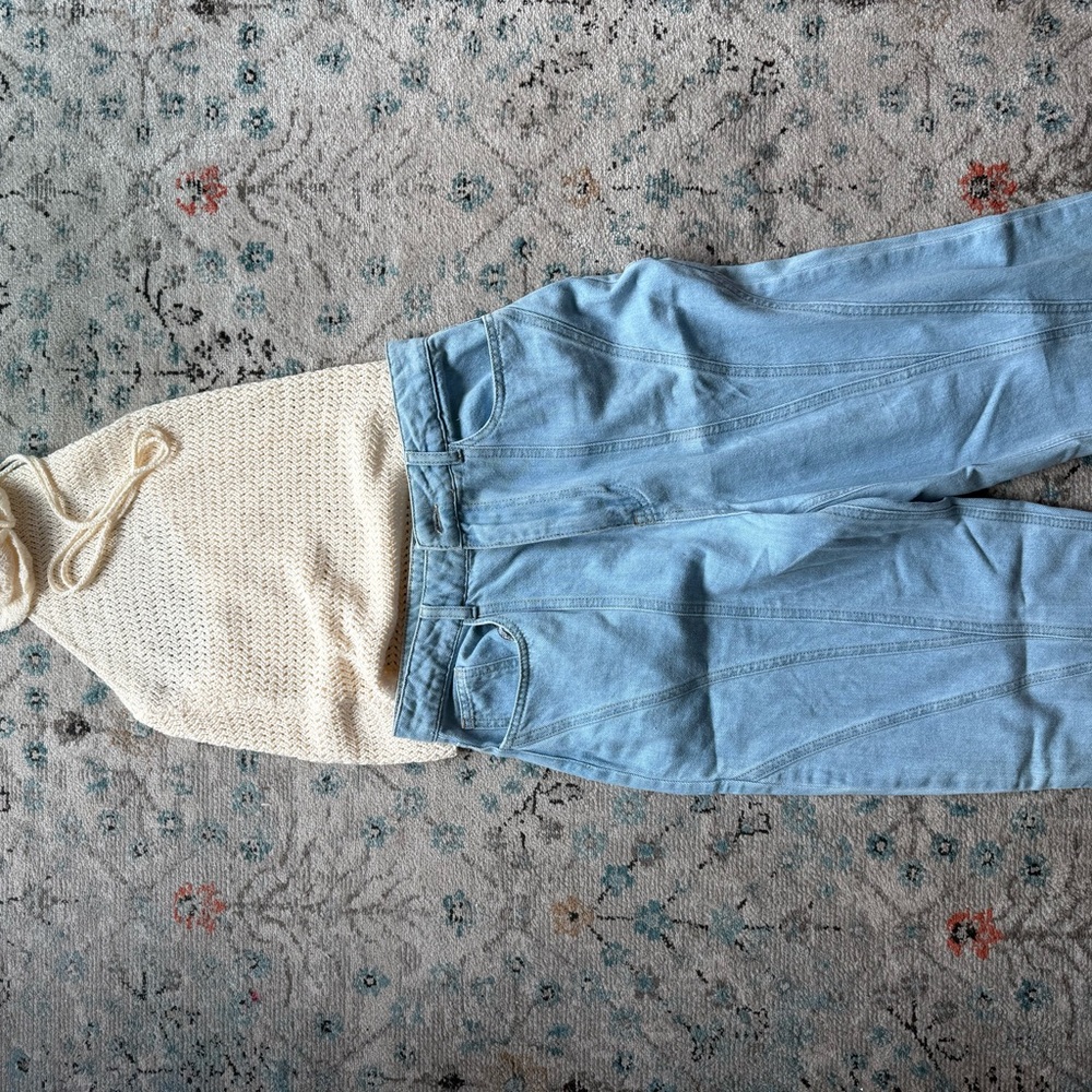Cream Knit Halter Top and Light Blue Jeans